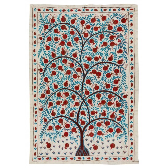 Uzbek Suzani Textile with Pomegranate Tree Design. Embroidered Cotton & Silk Wall Hanging, Bed Cover