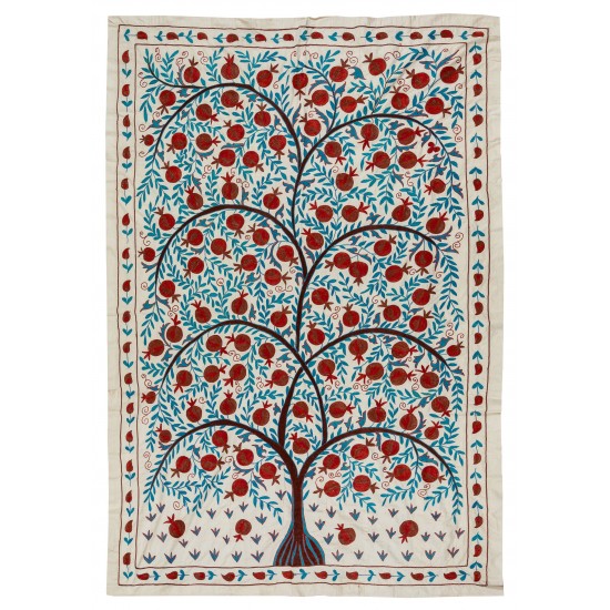 Uzbek Suzani Textile with Pomegranate Tree Design. Embroidered Cotton & Silk Wall Hanging, Bed Cover Uzbek Suzani Textile with Pomegranate Tree Design. Embroidered Cotton & Silk Wall Hanging, Bed Cover