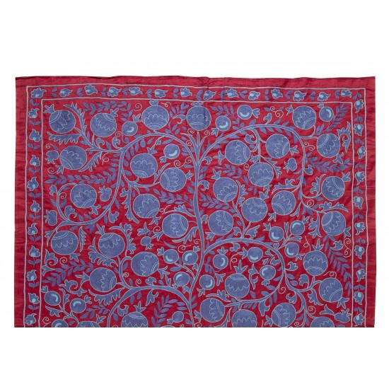 Pomegranate Tree Design Uzbek Suzani Textile. Embroidered Cotton & Silk Wall Hanging, Bed Cover