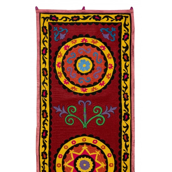 Uzbek Suzani Wall Hanging, Silk Embroidery Table Runner, Boho Wall Decor