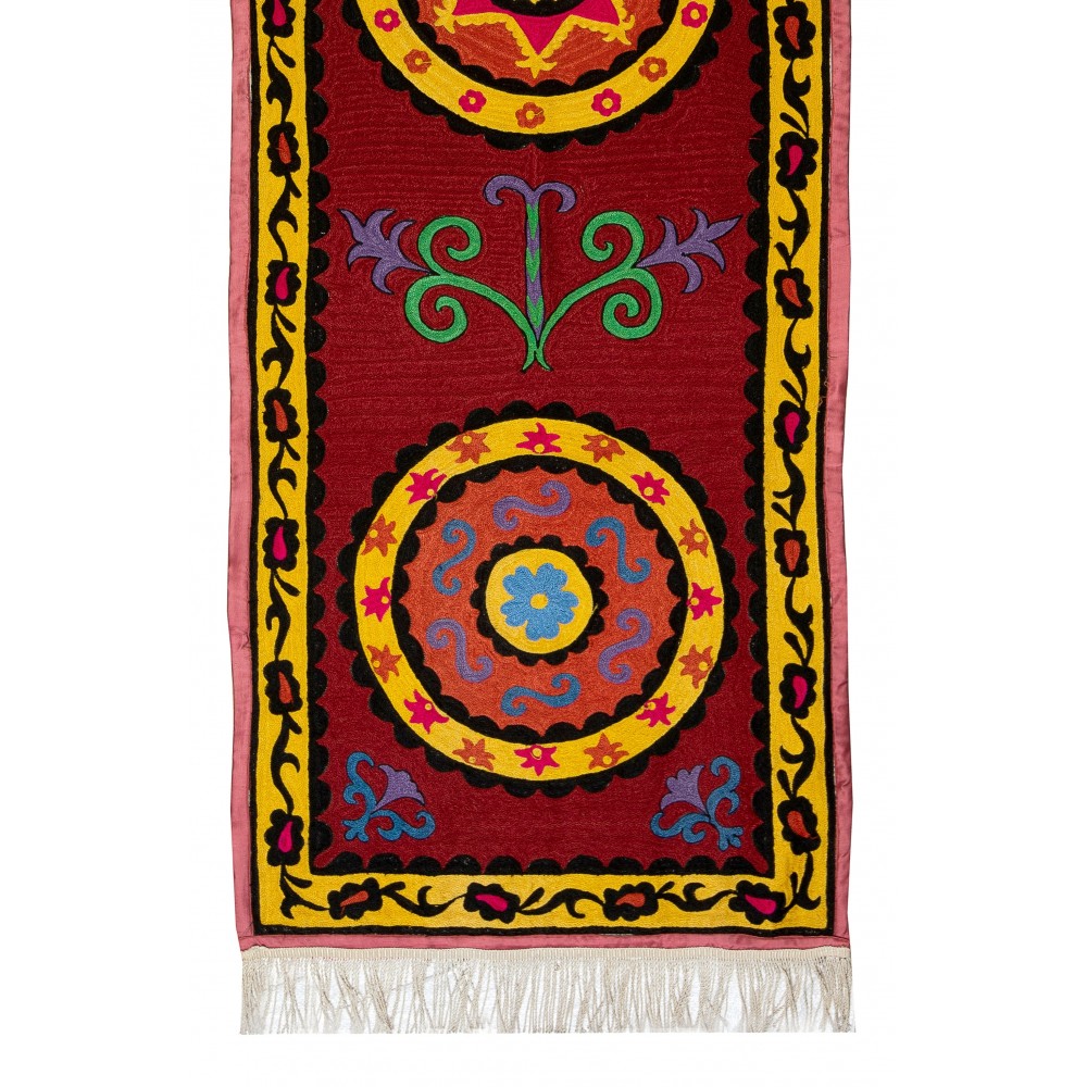Uzbek Suzani Wall Hanging, Silk Embroidery Table Runner, Boho Wall Decor