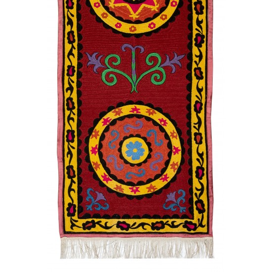 Uzbek Suzani Wall Hanging, Silk Embroidery Table Runner, Boho Wall Decor