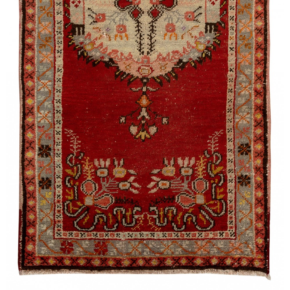 Mid-Century Handmade Central Anatolian Accent Rug in Red and Beige