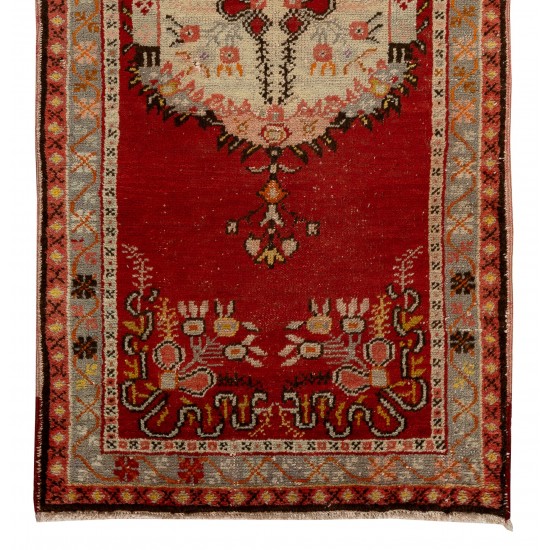 Mid-Century Handmade Central Anatolian Accent Rug in Red and Beige