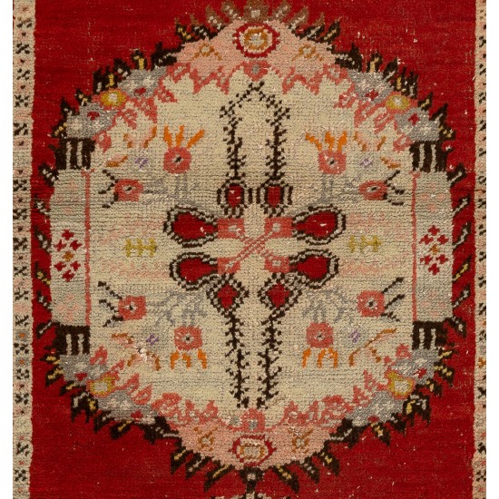 Mid-Century Handmade Central Anatolian Accent Rug in Red and Beige