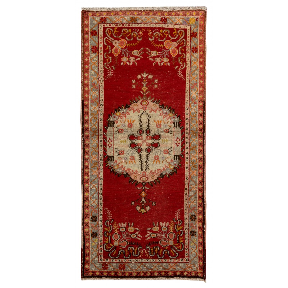 Mid-Century Handmade Central Anatolian Accent Rug in Red and Beige