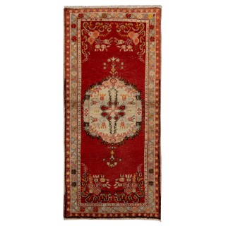 Mid-Century Handmade Central Anatolian Accent Rug in Red and Beige