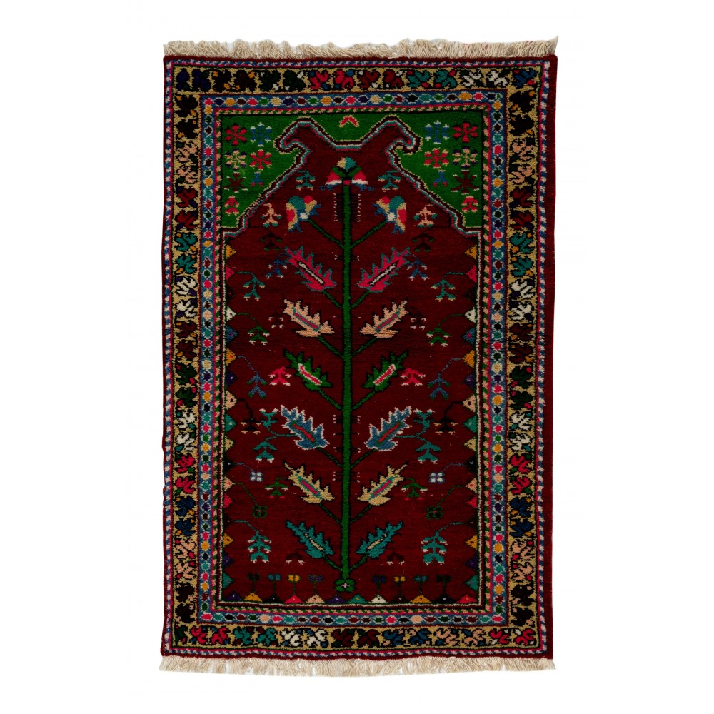 Vintage Handmade Turkish Wool Rug in Maroon, Beige, Blue & Pink Color
