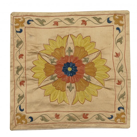 New Uzbek Suzani Pillow Case. Hand Embroidered Cotton & Silk Cushion Cover