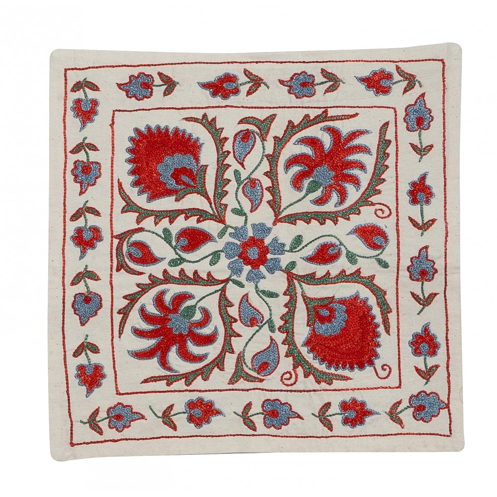Uzbek Suzani Pillow Case. 21st Century Hand Embroidered Cotton & Silk Cushion Cover