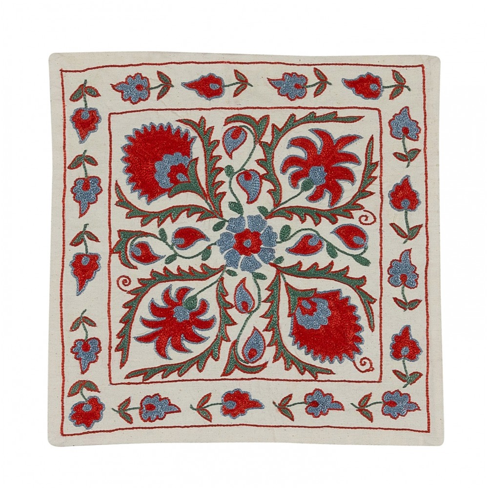 Contemporary Uzbek Suzani Pillow Case. Embroidered Cotton & Silk Cushion Cover