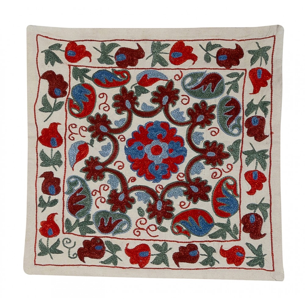 Floral Patterned Suzani Pillow Case. Embroidered Cotton & Silk Cushion Cover