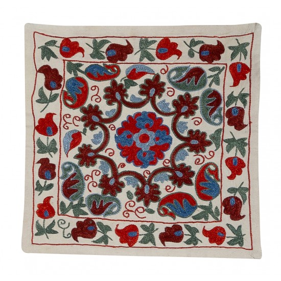 Floral Uzbek Suzani Pillow Case. Embroidered Cotton & Silk Cushion Cover