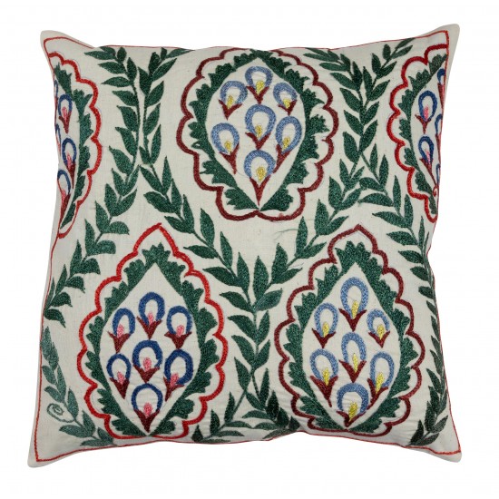 Asian Suzani Pillow Case. 21st Century Hand Embroidered Cotton & Silk Cushion Cover Asian Suzani Pillow Case. 21st Century Hand Embroidered Cotton & Silk Cushion Cover