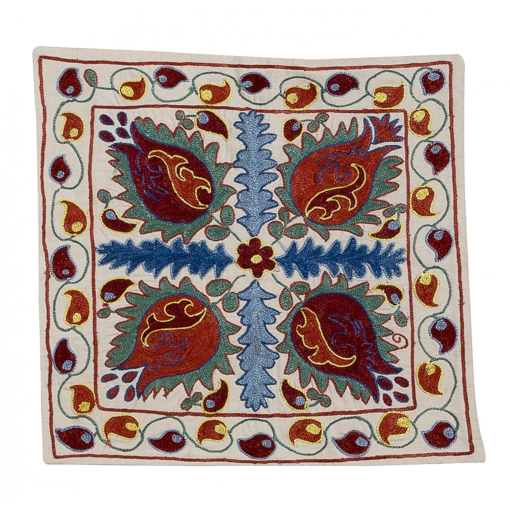 Uzbek Suzani Pillow Case. Modern Hand Embroidered Cotton & Silk Cushion Cover