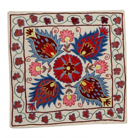 Asian Suzani Pillow Case. 21st Century Hand Embroidered Cotton & Silk Cushion Cover Asian Suzani Pillow Case. 21st Century Hand Embroidered Cotton & Silk Cushion Cover