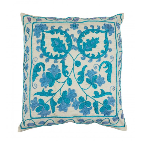 Asian Suzani Pillow Case. 21st Century Hand Embroidered Cotton & Silk Cushion Cover