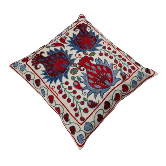 New Uzbek Suzani Pillow Case. Hand Embroidered Cotton & Silk Cushion Cover