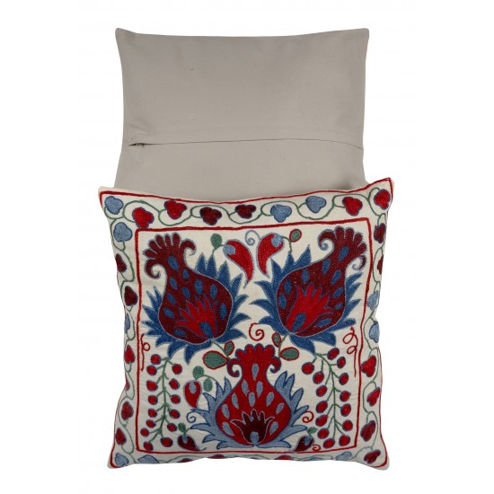 New Uzbek Suzani Pillow Case. Hand Embroidered Cotton & Silk Cushion Cover