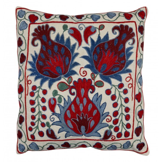 New Uzbek Suzani Pillow Case. Hand Embroidered Cotton & Silk Cushion Cover