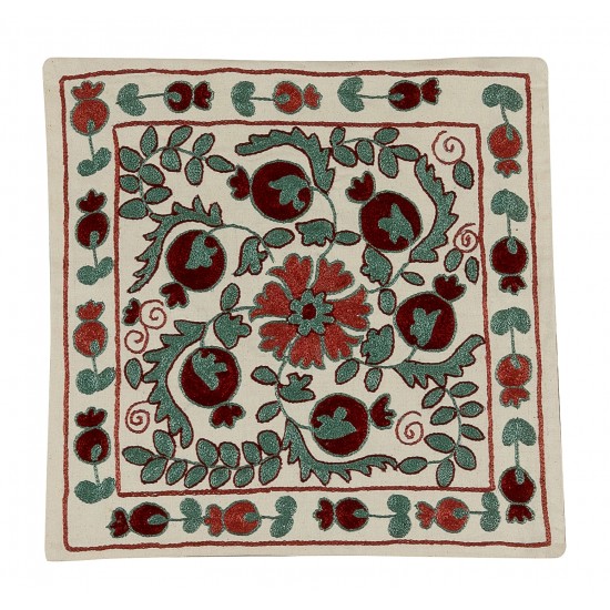 Uzbek Suzani Pillow Case with Floral Design. Embroidered Cotton & Silk Cushion Cover
