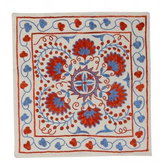 Silk Cushion Cover. Embroidered Accent Pillow. Traditional Red, Blue Throw Pillow
