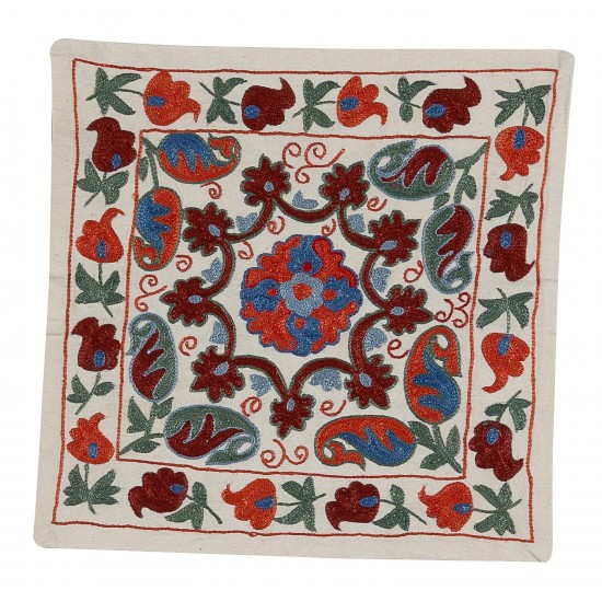 Floral Uzbek Suzani Pillow Case. Embroidered Cotton & Silk Cushion Cover