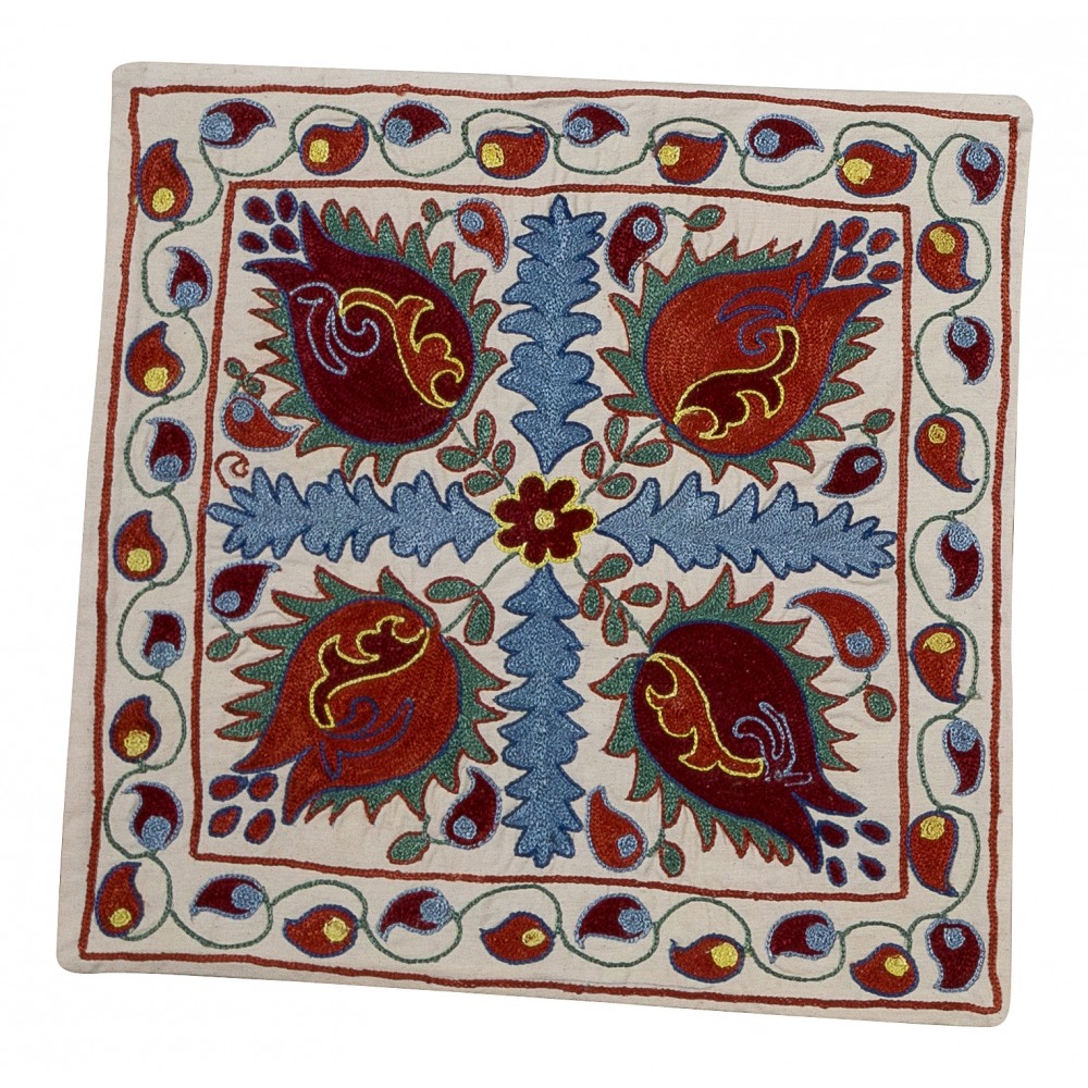 Uzbek Suzani Pillow Case. Modern Hand Embroidered Cotton & Silk Cushion Cover