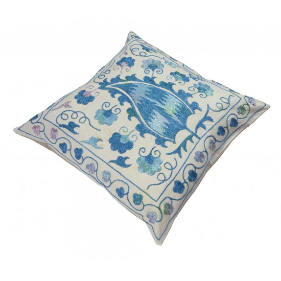 Traditional Uzbek Suzani Pillow Case. Embroidered Cotton & Silk Cushion Cover