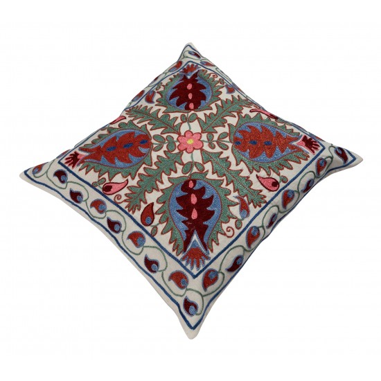 Uzbek Suzani Pillow Case. 21st Century Hand Embroidered Cotton & Silk Cushion Cover Uzbek Suzani Pillow Case. 21st Century Hand Embroidered Cotton & Silk Cushion Cover