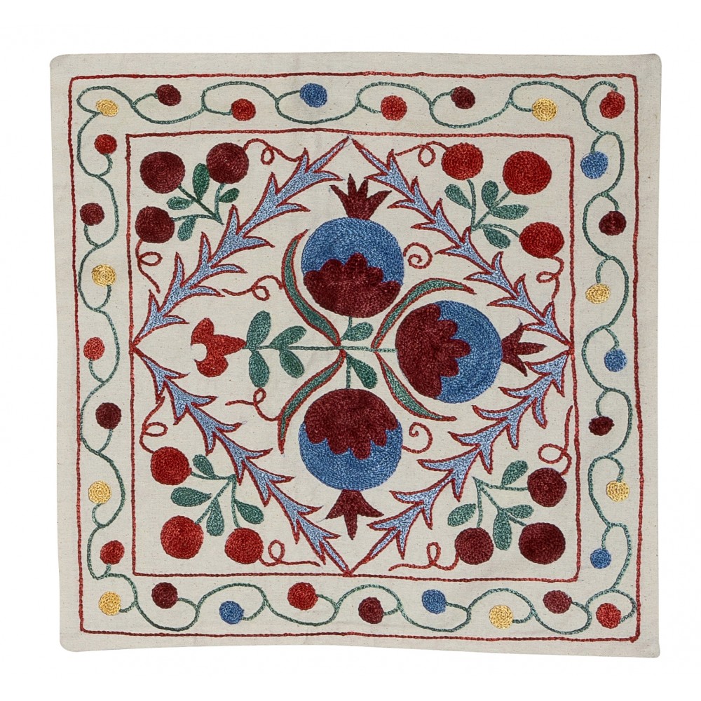 Asian Suzani Pillow Case. 21st Century Hand Embroidered Cotton & Silk Cushion Cover