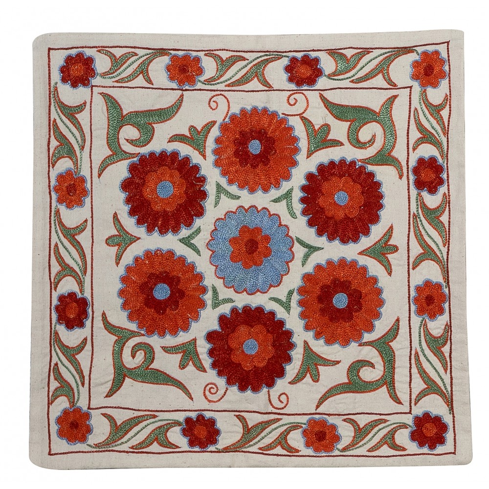 Uzbek Suzani Pillow Case. 21st Century Hand Embroidered Cotton & Silk Cushion Cover