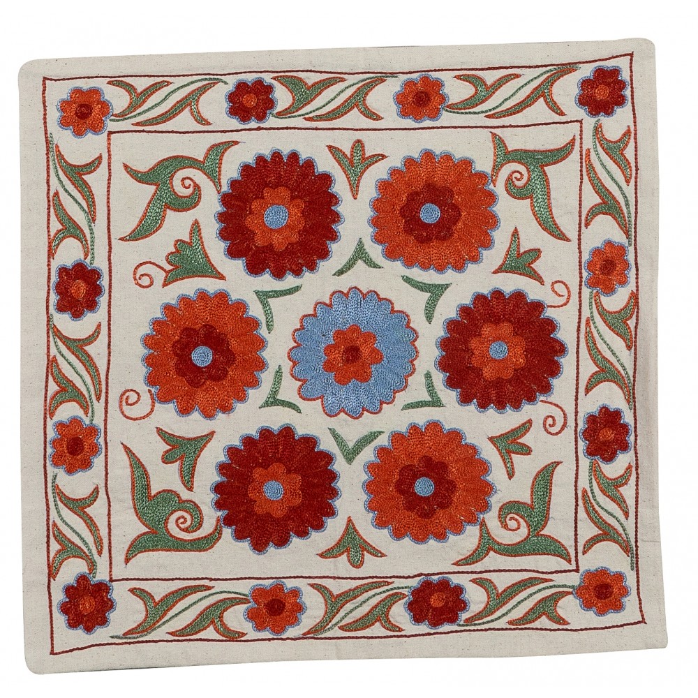 Decorative Hand Embroidered Silk, Cotton and Linen Cushion Cover From Uzbekistan
