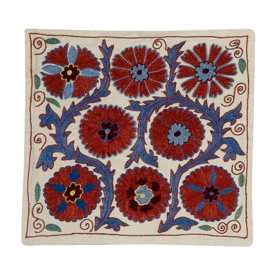 Asian Suzani Pillow Case. 21st Century Hand Embroidered Cotton & Silk Cushion Cover Asian Suzani Pillow Case. 21st Century Hand Embroidered Cotton & Silk Cushion Cover