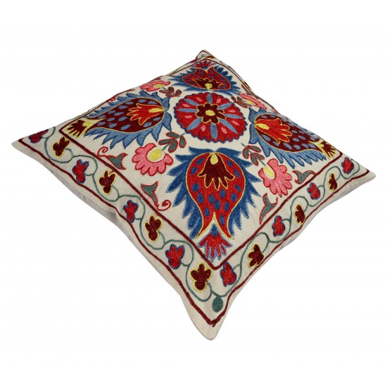 Uzbek Suzani Pillow Case. 21st Century Hand Embroidered Cotton & Silk Cushion Cover Uzbek Suzani Pillow Case. 21st Century Hand Embroidered Cotton & Silk Cushion Cover