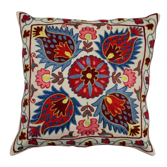 Uzbek Suzani Pillow Case. 21st Century Hand Embroidered Cotton & Silk Cushion Cover Uzbek Suzani Pillow Case. 21st Century Hand Embroidered Cotton & Silk Cushion Cover