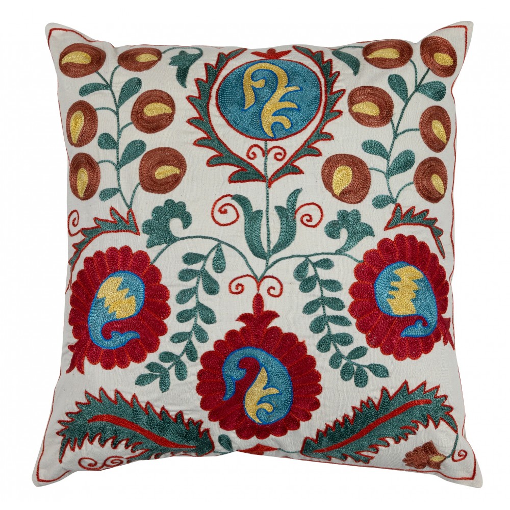 Decorative Uzbek Suzani Pillow Case. Embroidered Cotton & Silk Cushion Cover