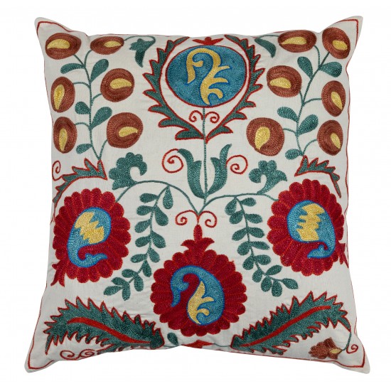 Decorative Uzbek Suzani Pillow Case. Embroidered Cotton & Silk Cushion Cover