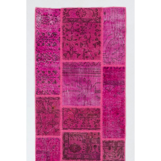 Patchwork Runner Rug in Shades of Hot Pink. Handmade Re-Dyed Turkish Vintage Carpet for Hallway Decor