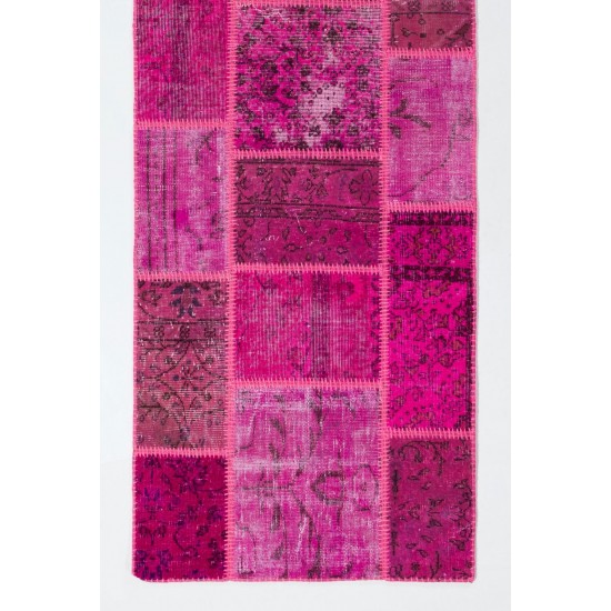 Patchwork Runner Rug in Shades of Hot Pink. Handmade Re-Dyed Turkish Vintage Carpet for Hallway Decor