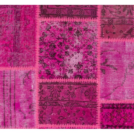 Patchwork Runner Rug in Shades of Hot Pink. Handmade Re-Dyed Turkish Vintage Carpet for Hallway Decor