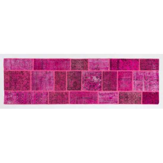 Patchwork Runner Rug in Shades of Hot Pink. Handmade Re-Dyed Turkish Vintage Carpet for Hallway Decor