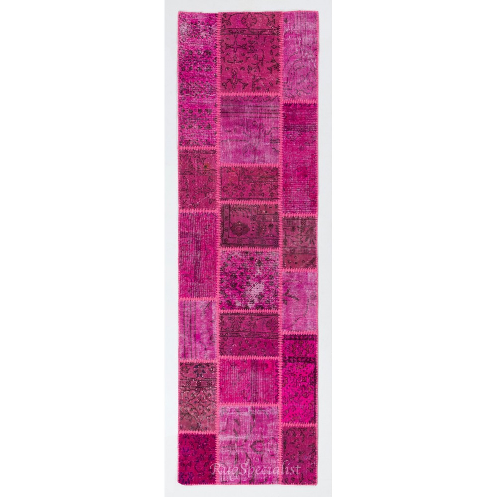Patchwork Runner Rug in Shades of Hot Pink. Handmade Re-Dyed Turkish Vintage Carpet for Hallway Decor