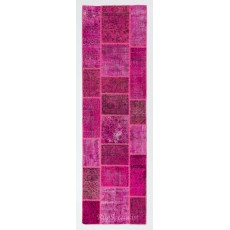 Patchwork Runner Rug in Shades of Hot Pink. Handmade Re-Dyed Turkish Vintage Carpet for Hallway Decor