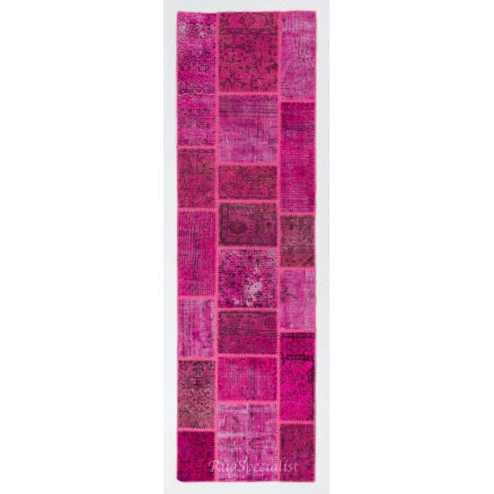 Patchwork Runner Rug in Shades of Hot Pink. Handmade Re-Dyed Turkish Vintage Carpet for Hallway Decor