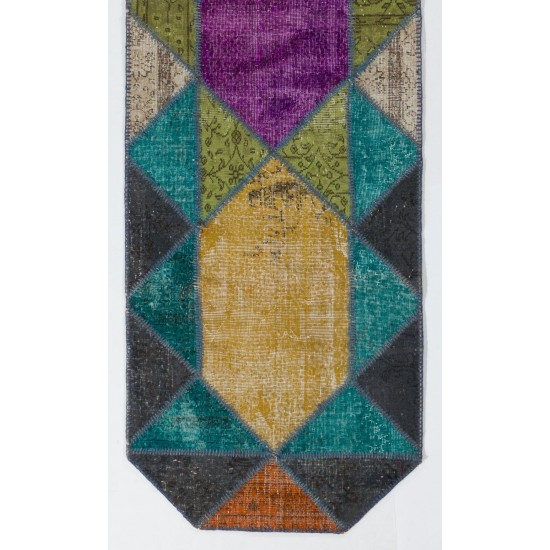 Multicolor Central Anatolian Patchwork Runner Rug for Hallway Decor. Handmade Vintage Corridor Carpet in Vivid Colors