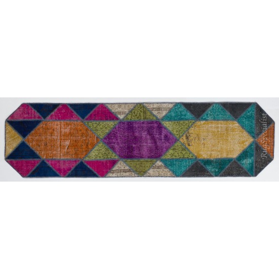 Multicolor Central Anatolian Patchwork Runner Rug for Hallway Decor. Handmade Vintage Corridor Carpet in Vivid Colors