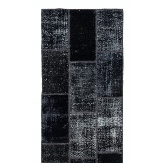 Distressed Look Patchwork Runner Rug in Shades of Black. Handmade Re-Dyed Turkish Vintage Carpet for Hallway Decor Distressed Look Patchwork Runner Rug in Shades of Black. Handmade Re-Dyed Turkish Vintage Carpet for Hallway Decor