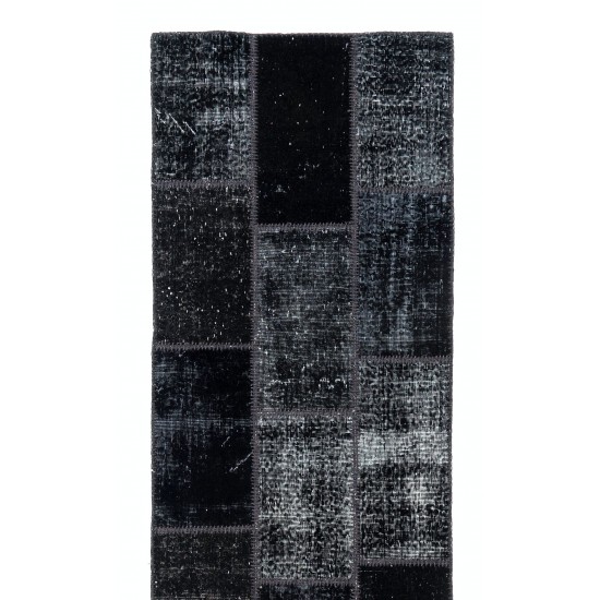 Distressed Look Patchwork Runner Rug in Shades of Black. Handmade Re-Dyed Turkish Vintage Carpet for Hallway Decor Distressed Look Patchwork Runner Rug in Shades of Black. Handmade Re-Dyed Turkish Vintage Carpet for Hallway Decor