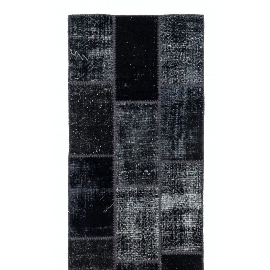 Distressed Look Patchwork Runner Rug in Shades of Black. Handmade Re-Dyed Turkish Vintage Carpet for Hallway Decor